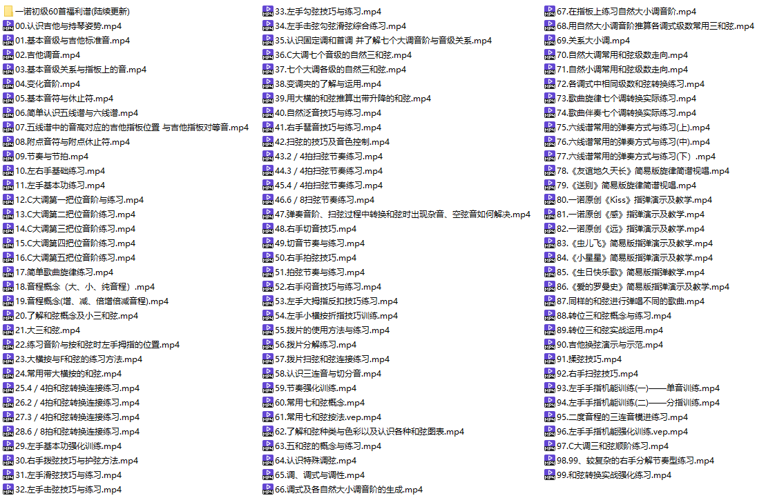 【一诺吉他】初阶教程 99节课+60首初级吉他谱 网盘观看下载-吾爱学吧